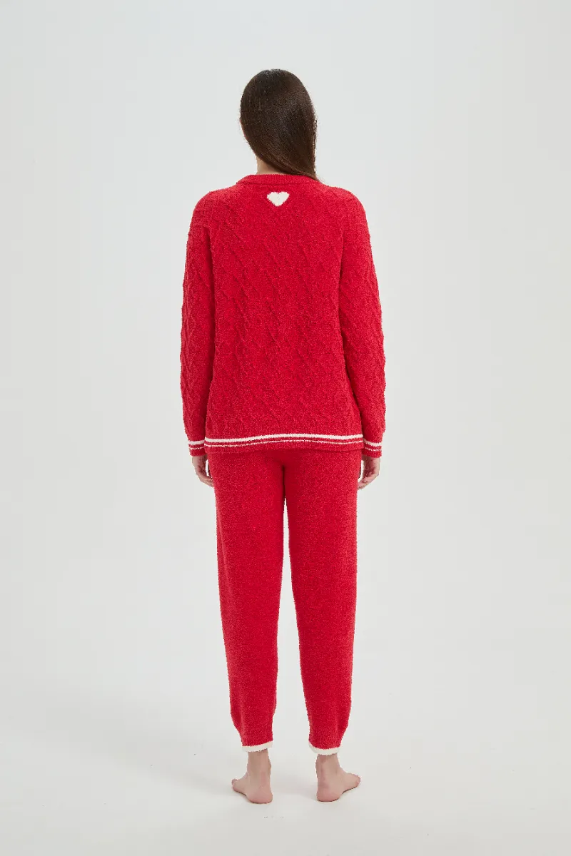 Loose Fit Plush Red Women Fleece Pajamas Set